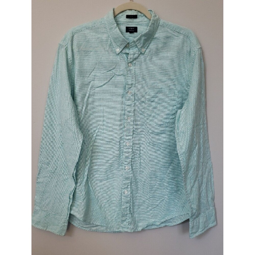 J Crew Shirt Men's L Light Green Linen Cotton Button-Down Summer Casual Office